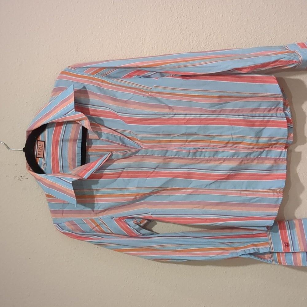 Thomas Pink Multicolor Striped Button-Down Shirt — Blue, Pink, Tan